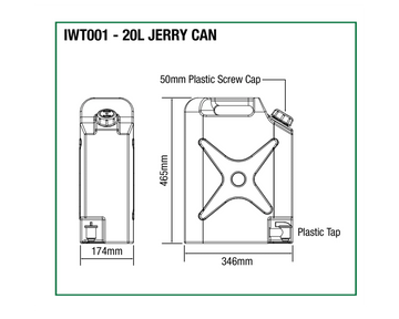 Dimensions diagram of the IRONMAN 4x4 20L jerry can water tank (IWT001)