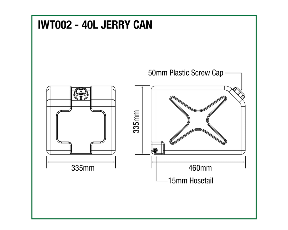 Dimensions diagram of the IRONMAN 4x4 40L double jerry can water tank (IWT002)