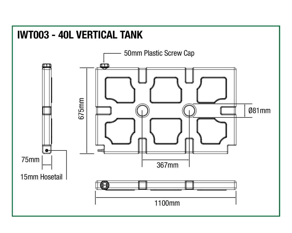 Dimensions diagram of the IRONMAN 4x4 40L vertical water tank (IWT003)