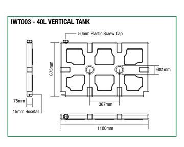 Dimensions diagram of the IRONMAN 4x4 40L vertical water tank (IWT003)