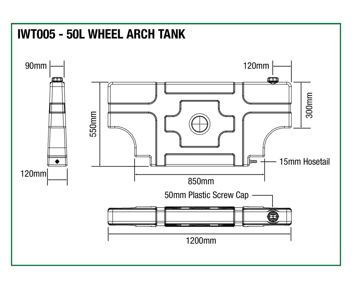 Dimensions diagram of the IRONMAN 4x4 50L wheel arch water tank (IWT005)