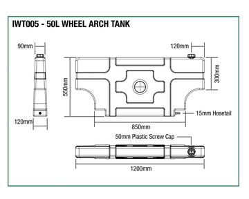 Dimensions diagram of the IRONMAN 4x4 50L wheel arch water tank (IWT005)