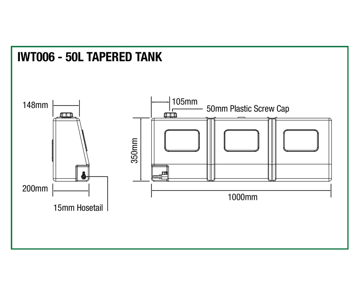 Dimensions diagram of the IRONMAN 4x4 50L tapered water tank (IWT006)
