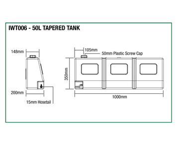 Dimensions diagram of the IRONMAN 4x4 50L tapered water tank (IWT006)