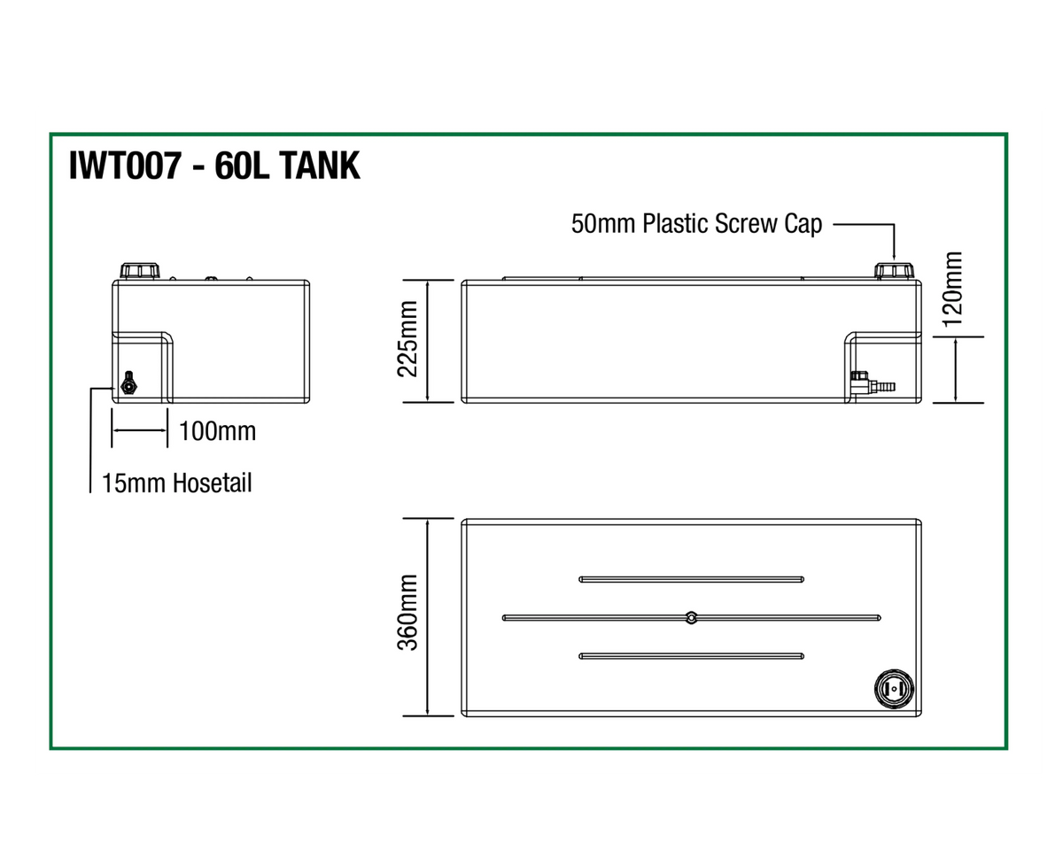 Dimensions diagram of the IRONMAN 4x4 60L water tank (IWT007)
