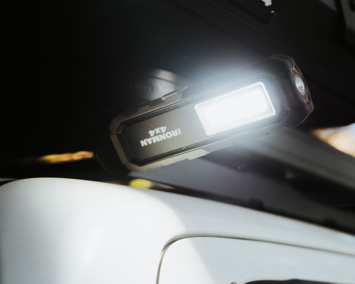 IRONMAN 4x4 rechargeable LED worklight switched on, close-up
