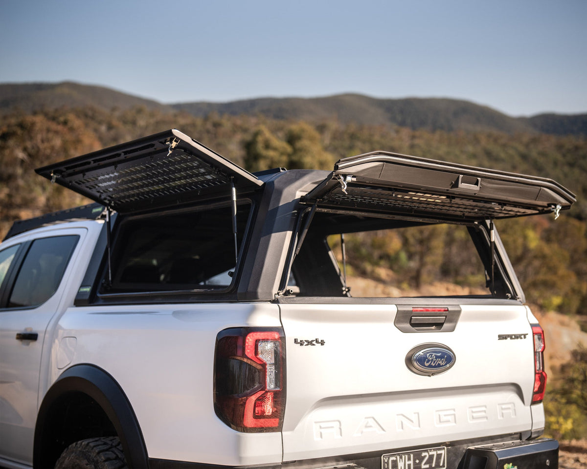 RAID Full Glass canopy with side windows open on a white Ford Ranger Next Gen