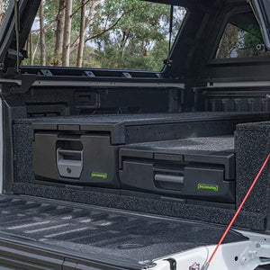 IRONMAN 4x4 mixed height roller drawers fitted in a bakkie load bin under a canopy