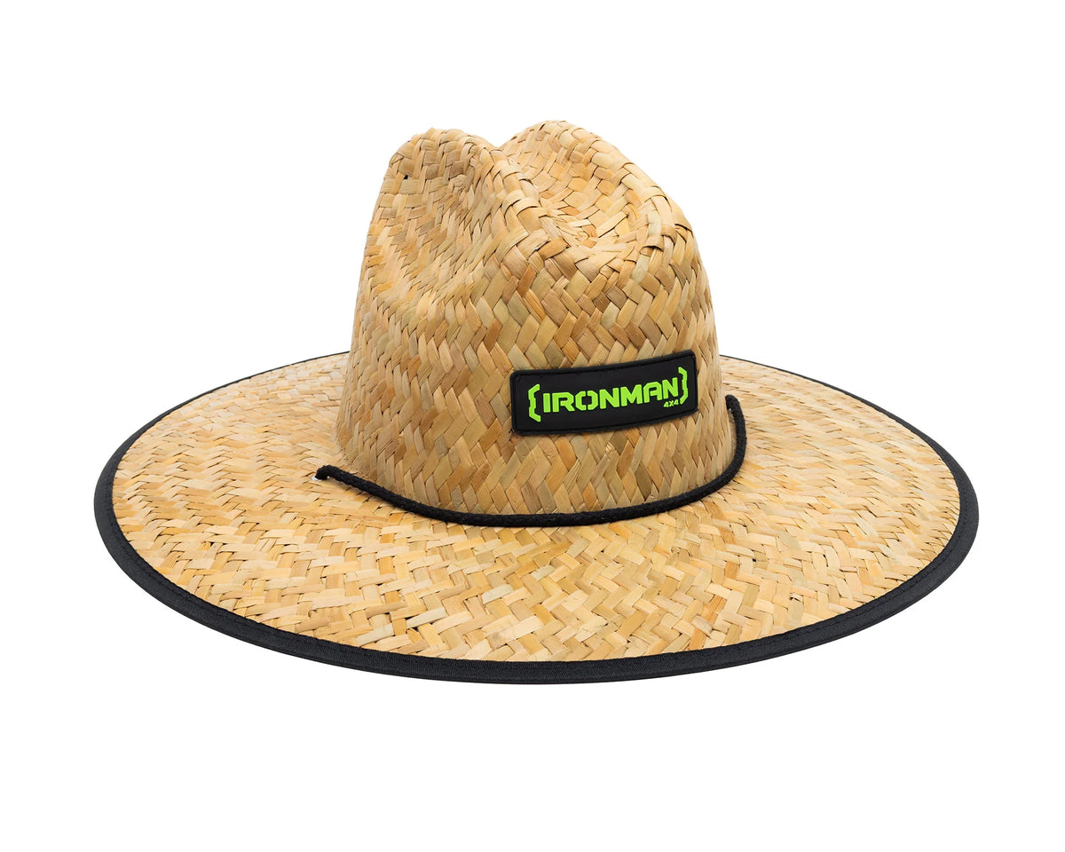 IRONMAN 4x4 Murray straw hat with green logo patch, side view