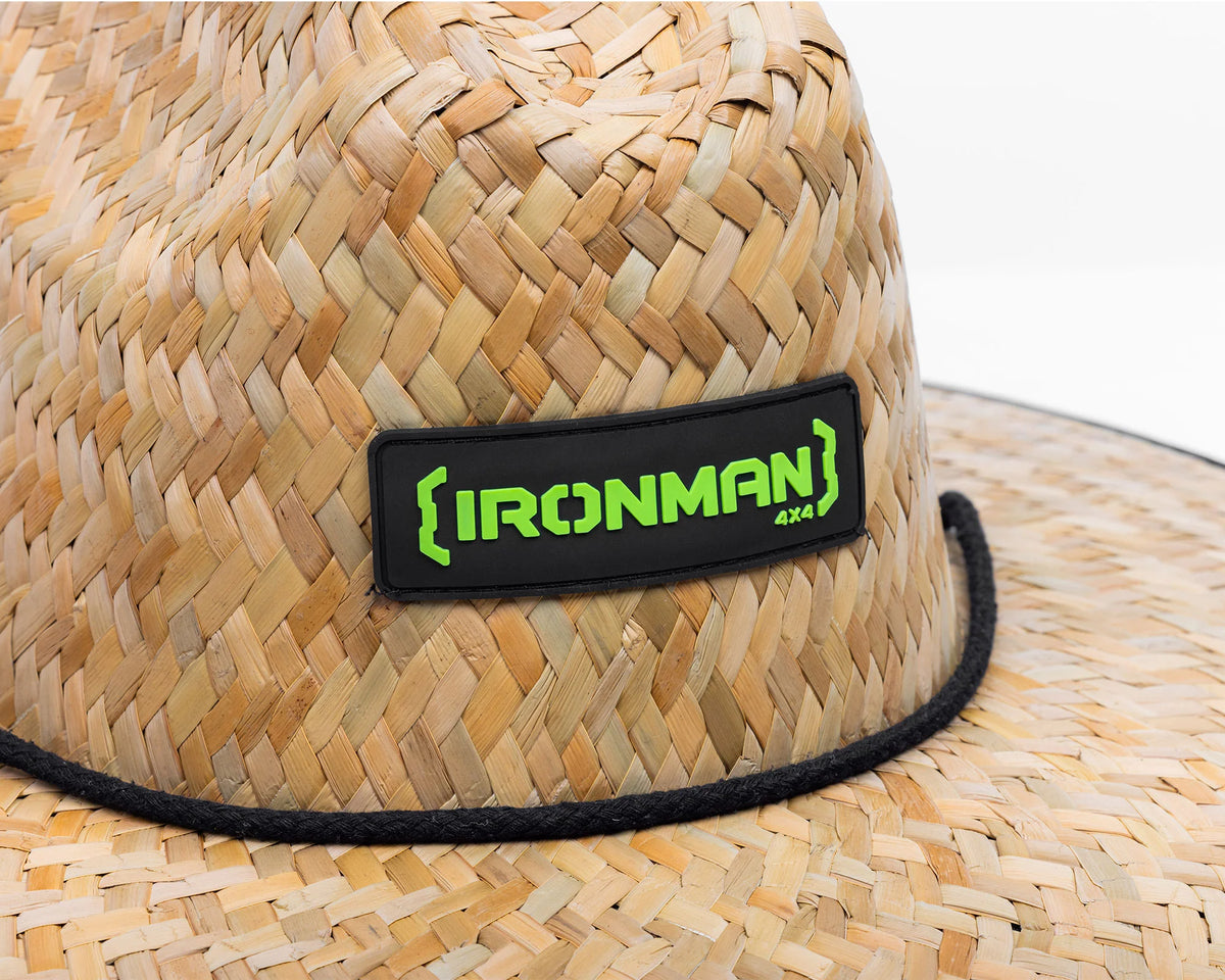 Close-up of the logo patch on the IRONMAN 4x4 Murray straw hat