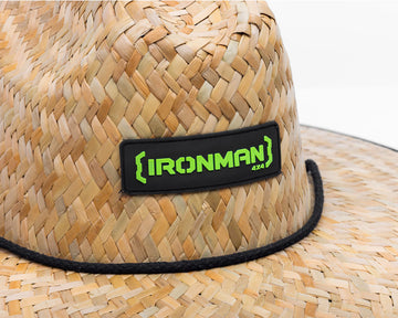 Close-up of the logo patch on the IRONMAN 4x4 Murray straw hat