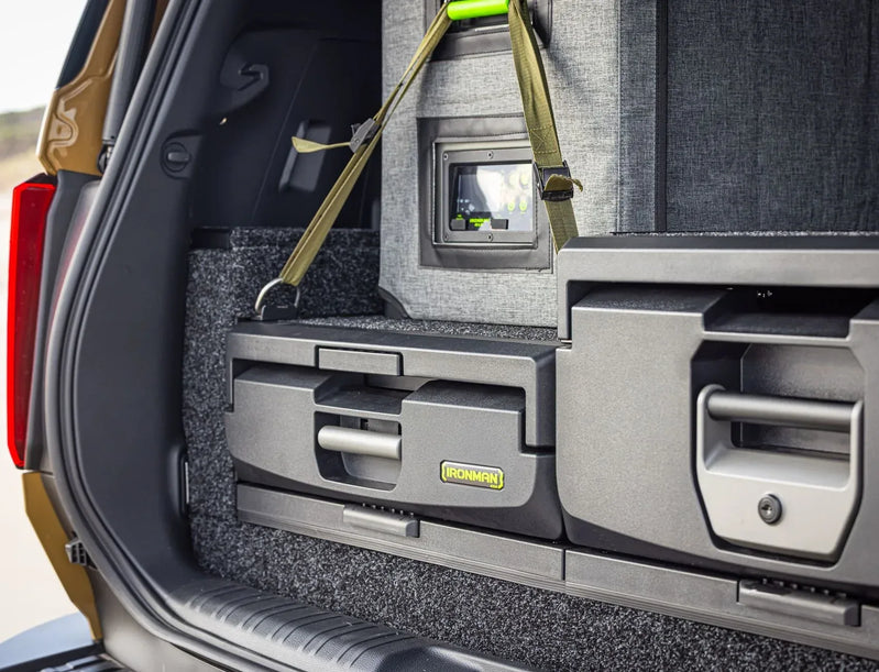 Close-up of IRONMAN 4x4 full height drawers and tie-down points in a Toyota Prado 250