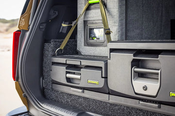 Close-up of IRONMAN 4x4 full height drawers and tie-down points in a Toyota Prado 250