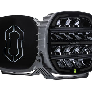 Pair of IRONMAN 4x4 Scope NEO 9 inch driving lights, one with black cover fitted