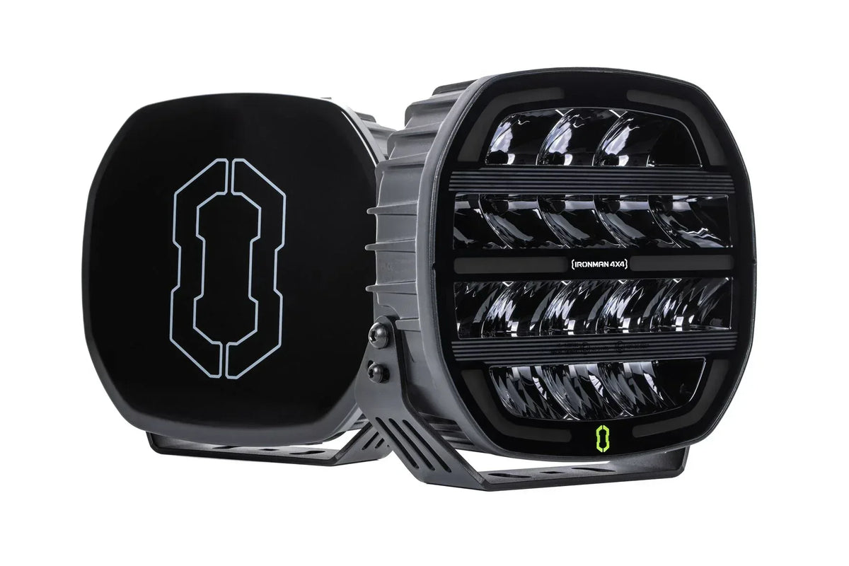 Pair of IRONMAN 4x4 Scope NEO 9 inch driving lights, one with black cover fitted